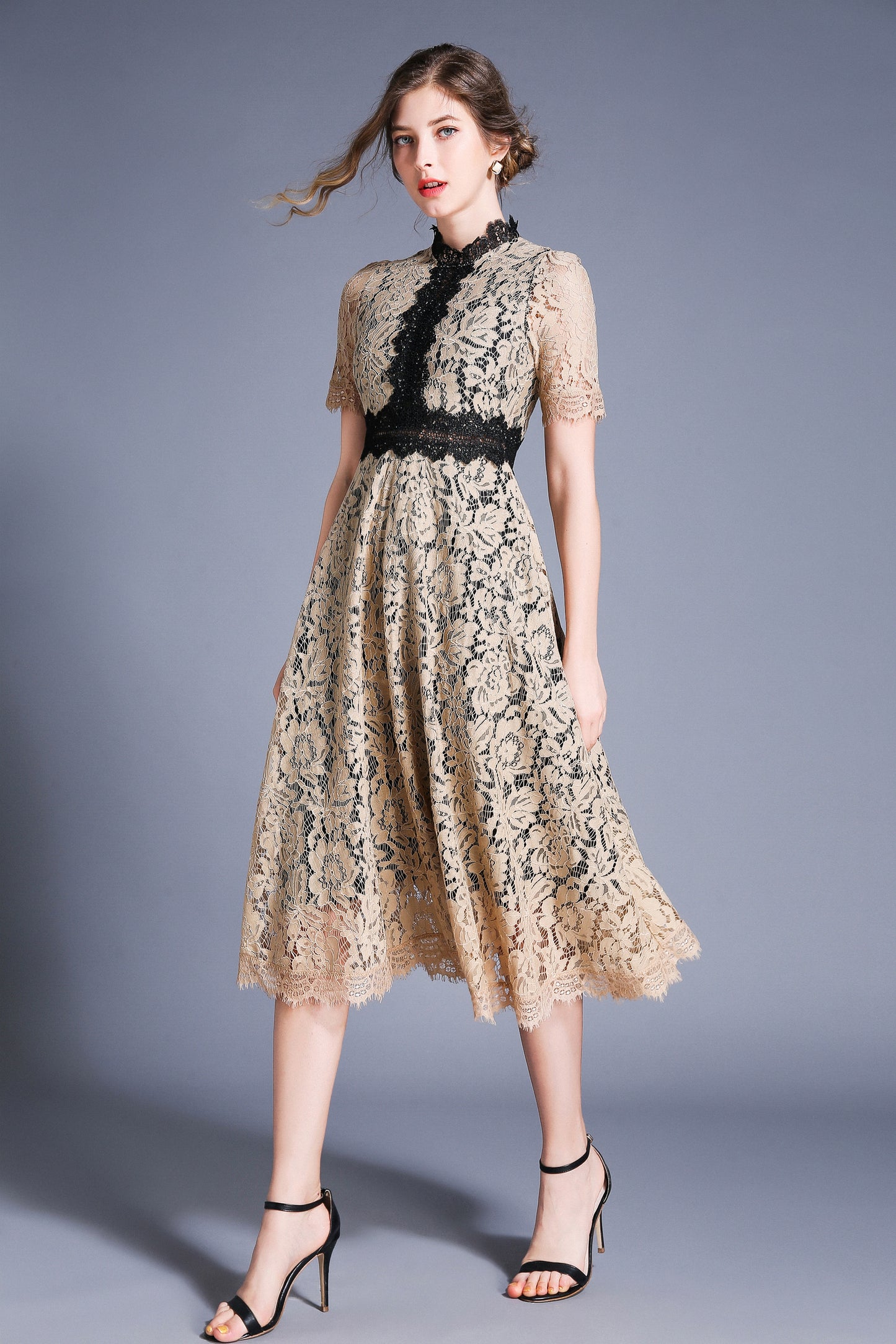 SSY-Women's Short Sleeve Lace Cocktail Midi Dress