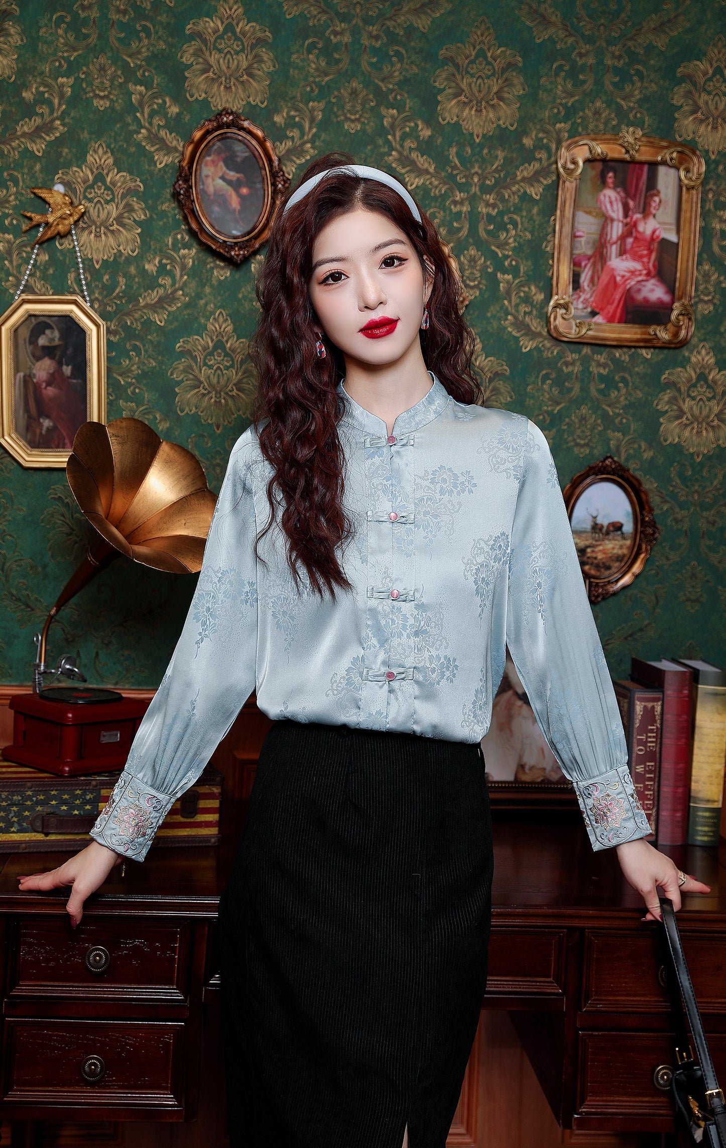 Women's Silk Satin Jacquard Long Sleeve Blouses