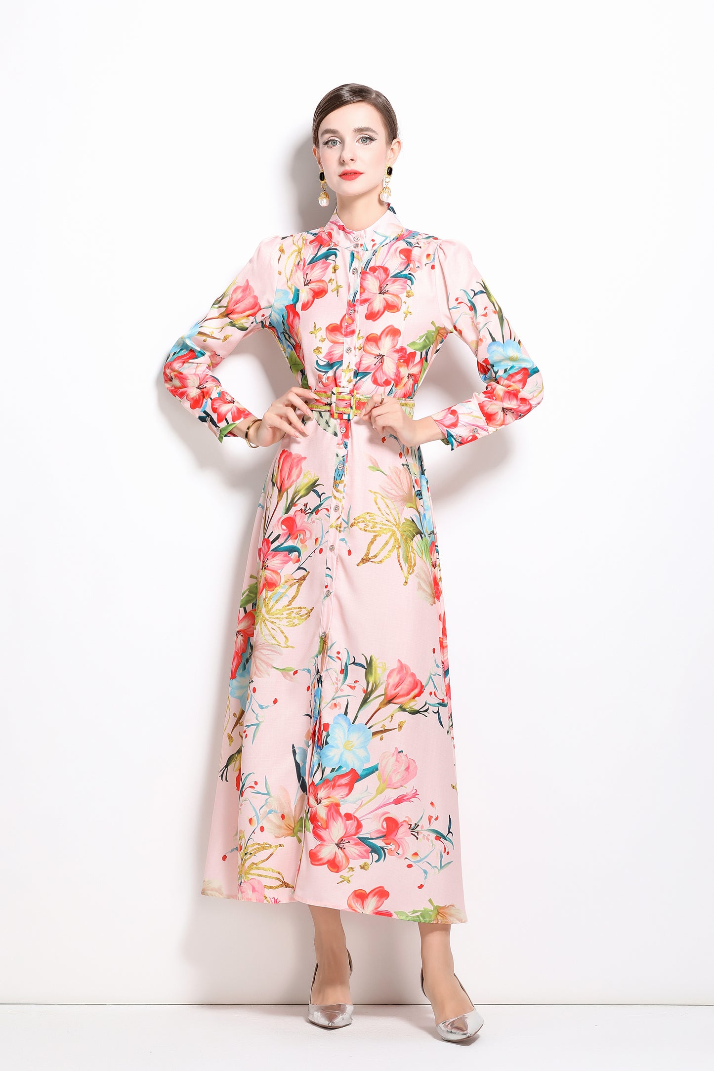 FSY-Women's Floral Print Long Sleeve Button Loose Maxi Dress