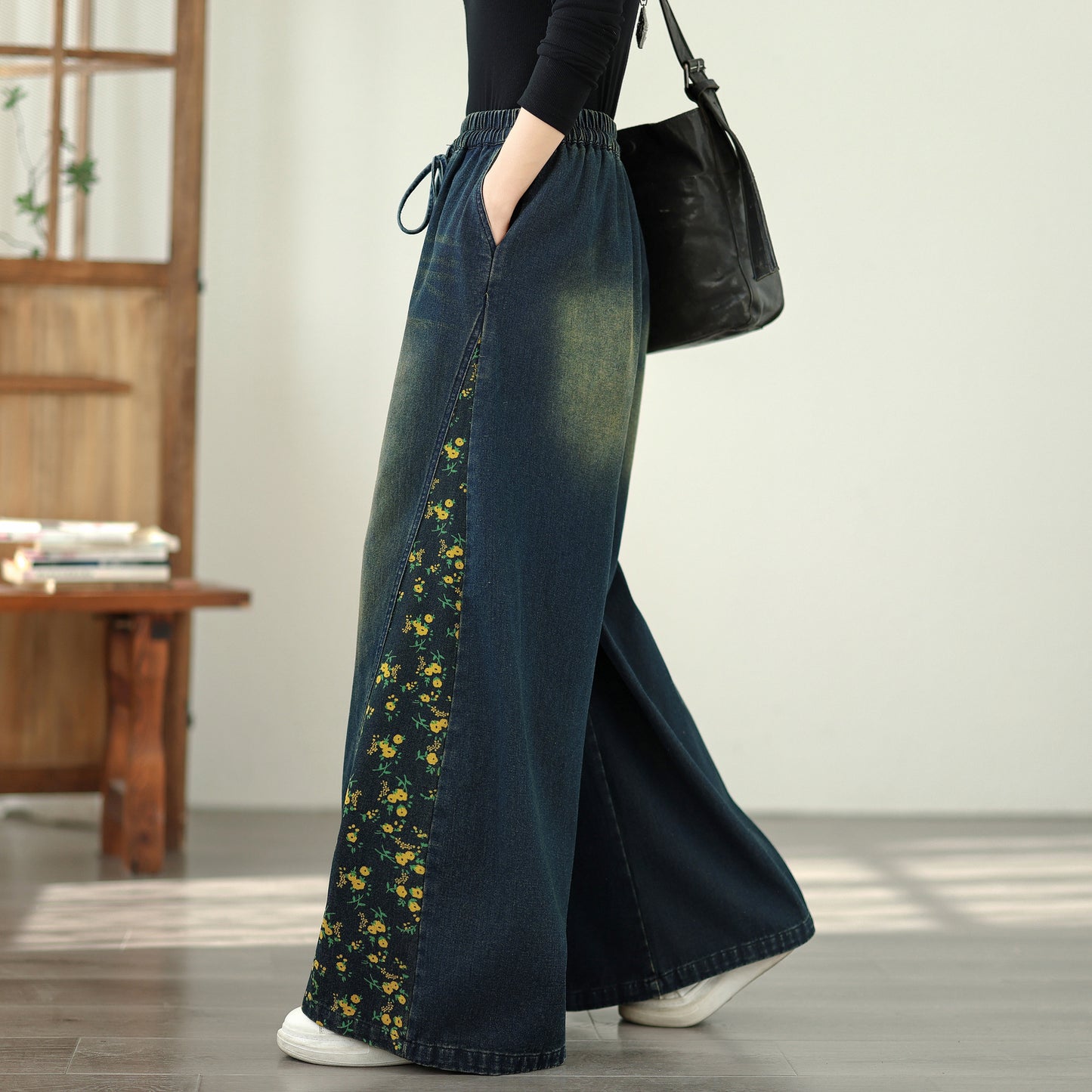 Women's Denim Wide Leg Baggy Jeans Drawstring Waist Pants - LAI MENG FIVE CATS