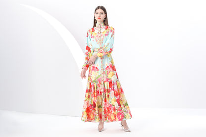 Women's Puff Sleeve Button Floral Pring Maxi Dress