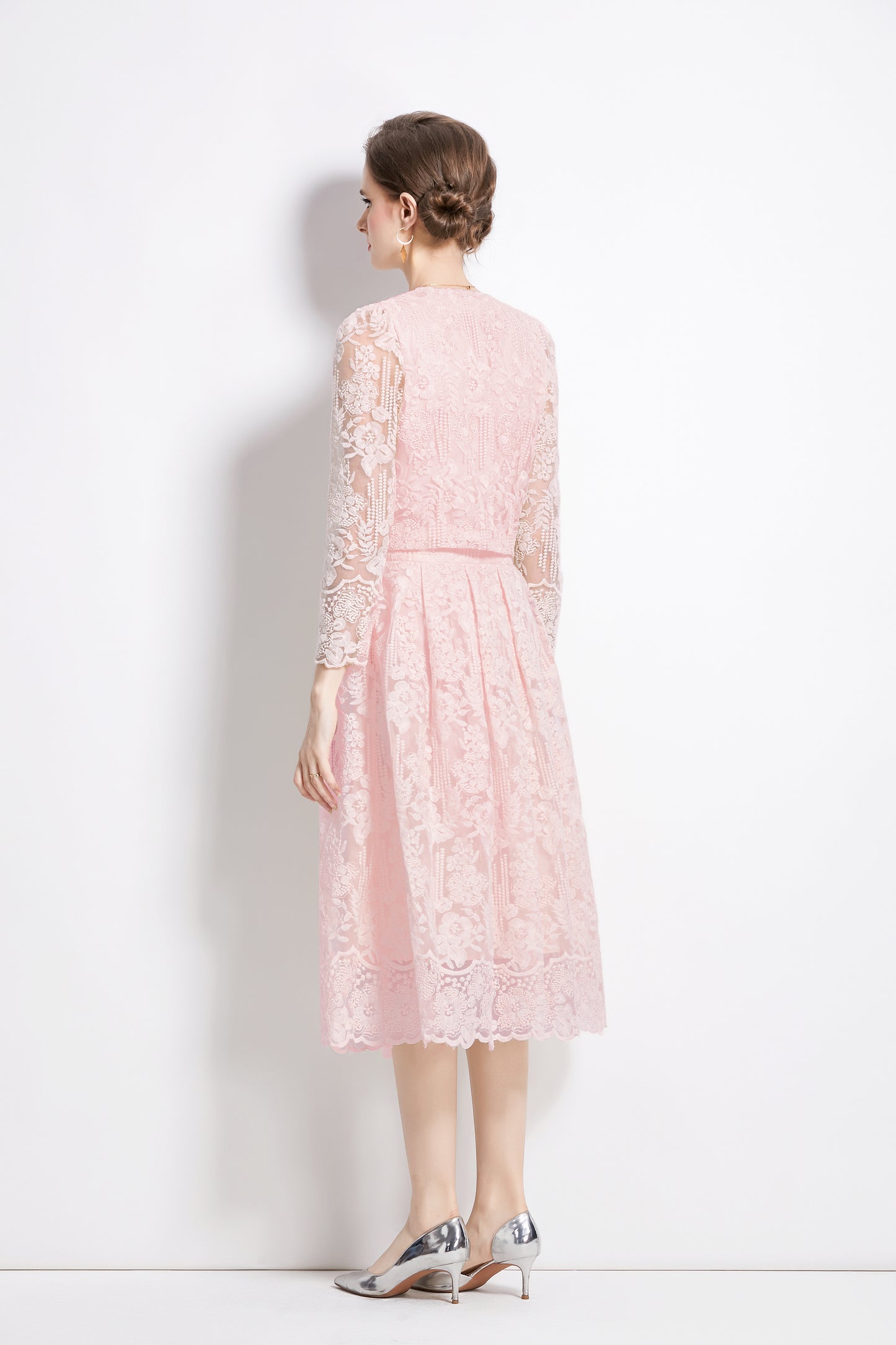 2 Pieces Chiffon Lace Button Midi Dress