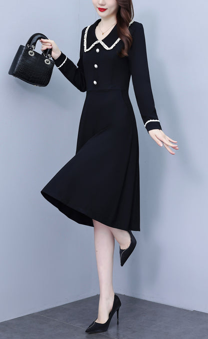 Women's Peter Pan Collar Long Sleeve Black Dress with Pocket