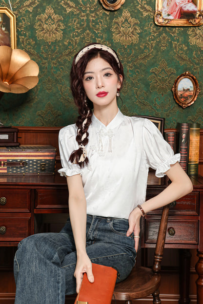 Women's Chinese Style Silk Satin Button Jacquard Blouse - LAI MENG FIVE CATS