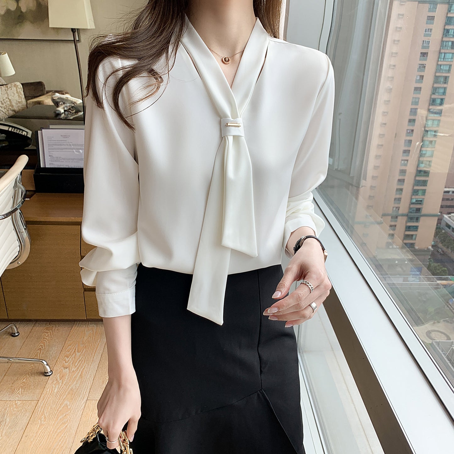 Women's Silk Satin Shirt Tie Neck Long Sleeve Blouse - LAI MENG FIVE CATS
