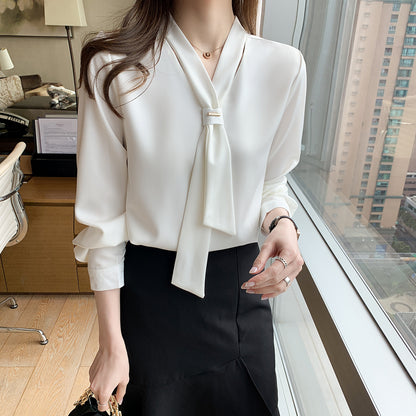 Women's Silk Satin Shirt Tie Neck Long Sleeve Blouse - LAI MENG FIVE CATS