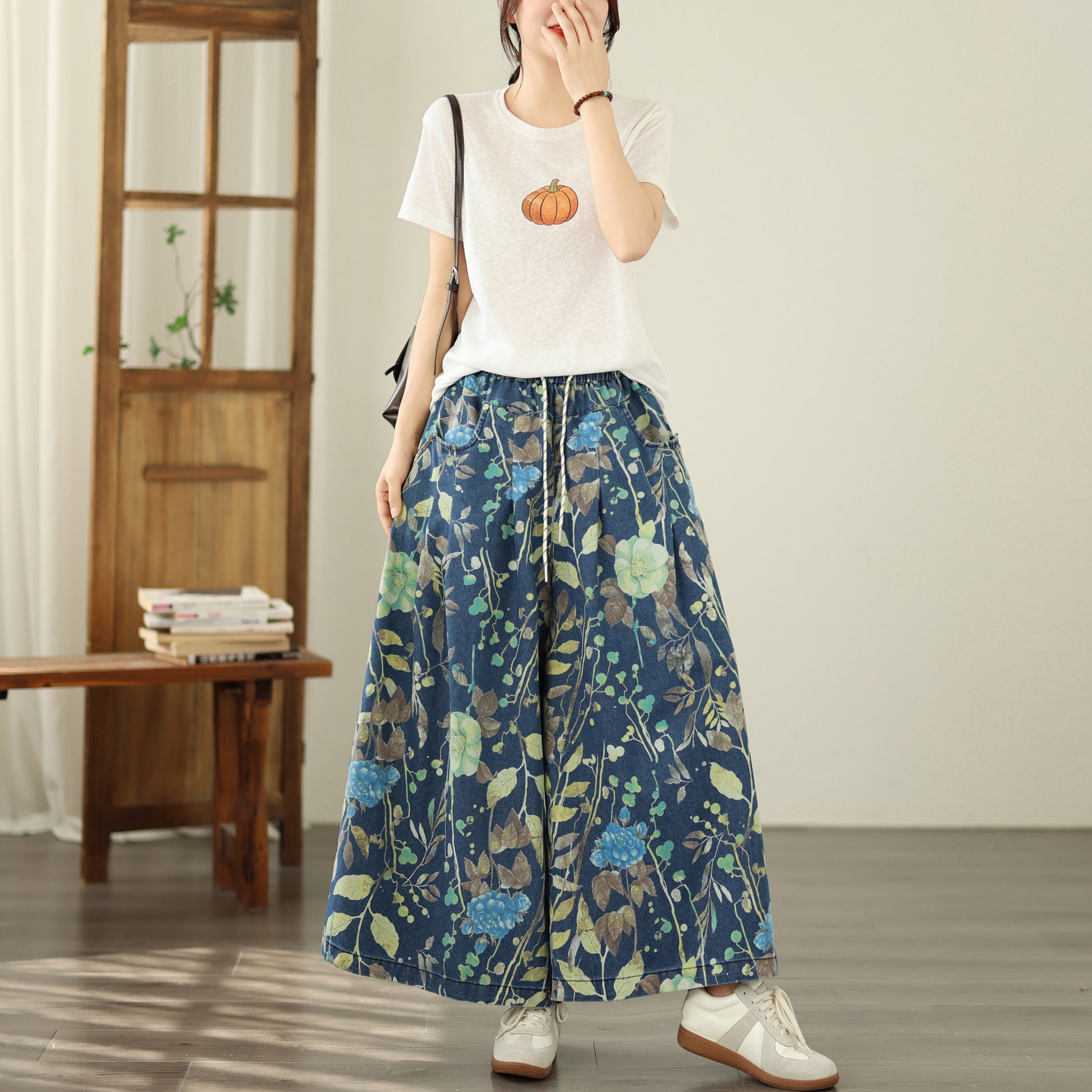 Women's Wide Leg Jeans Baggy Floral  Wasited Elastic Pants - LAI MENG FIVE CATS