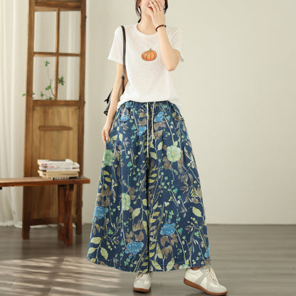 Women's Wide Leg Jeans Baggy Floral  Wasited Elastic Pants - LAI MENG FIVE CATS