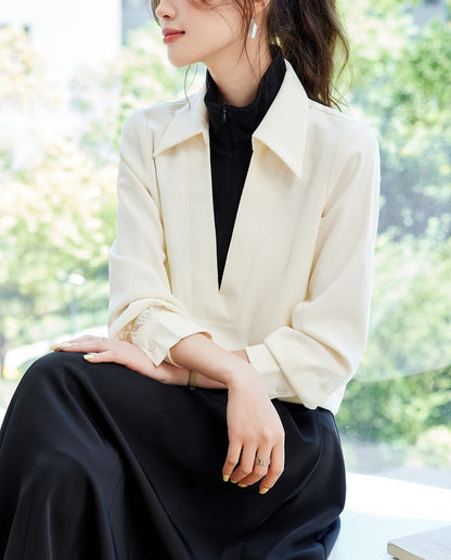 Color Block V-Neck Blouse - Contrast Half-Zip Lapel Collar Elegant Top