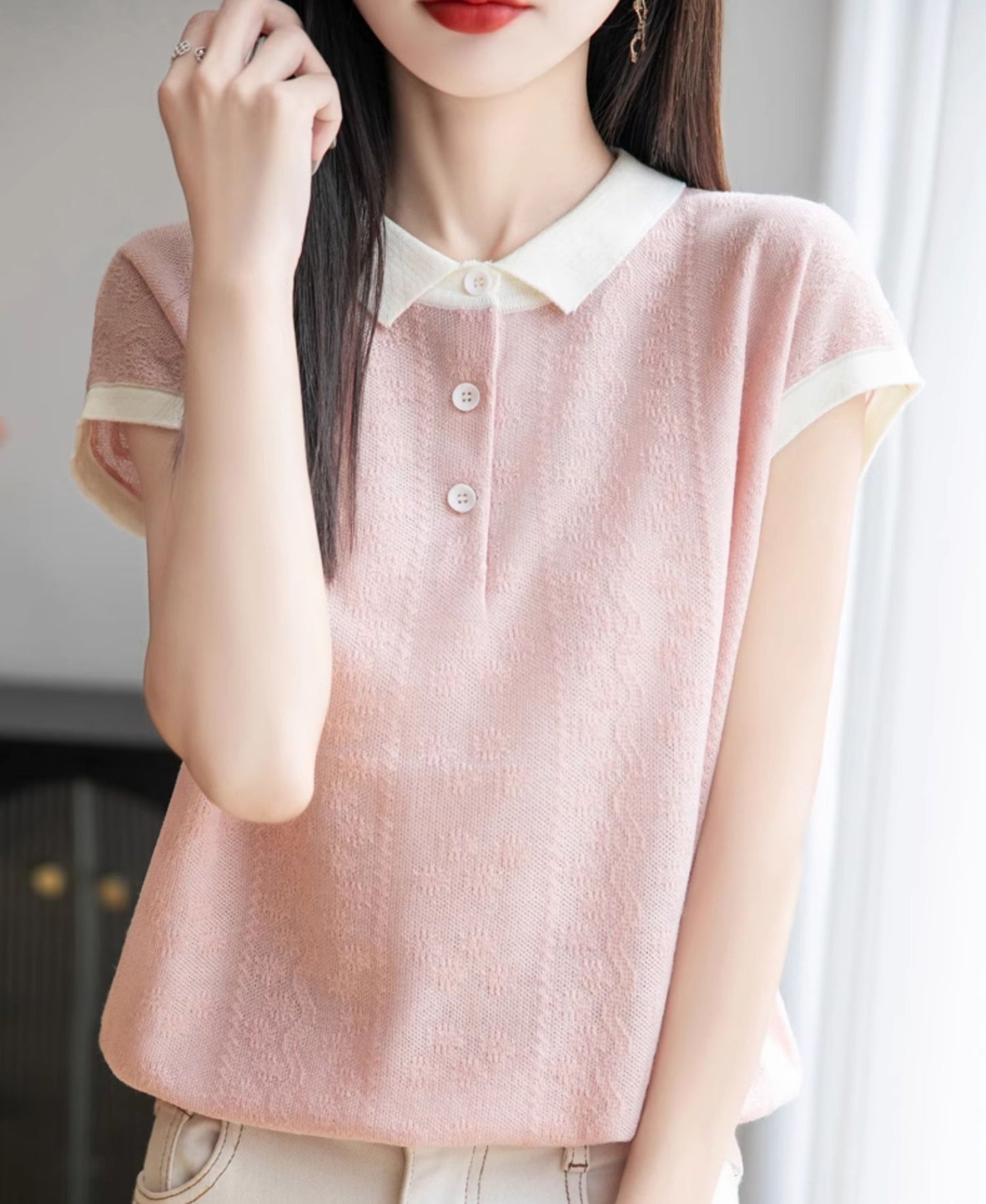 Women's Polo Shirt Knit Tops Color Block Blouse