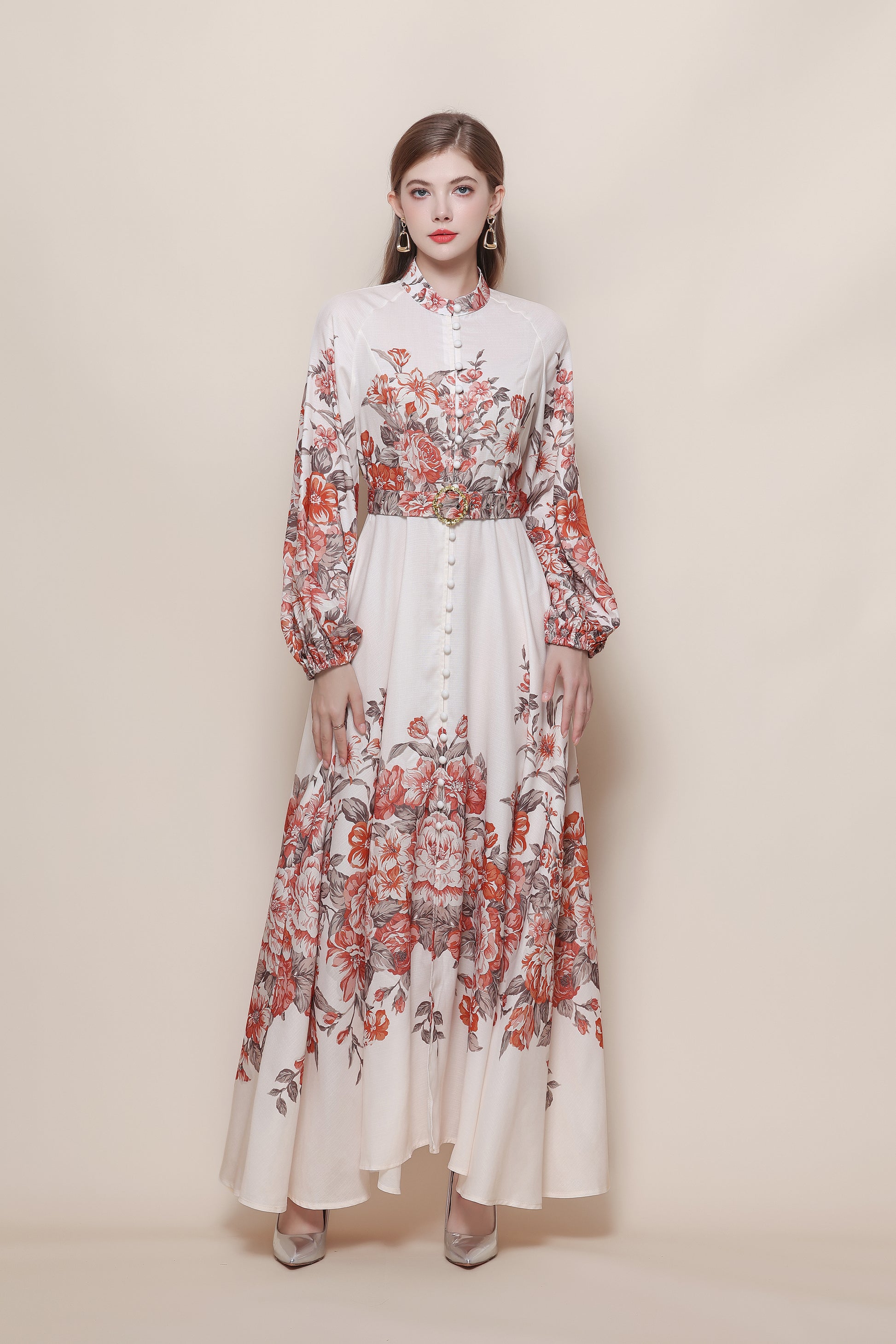 26-Women's Floral Print Puff Sleeve Button Maxi Dress - LAI MENG FIVE CATS