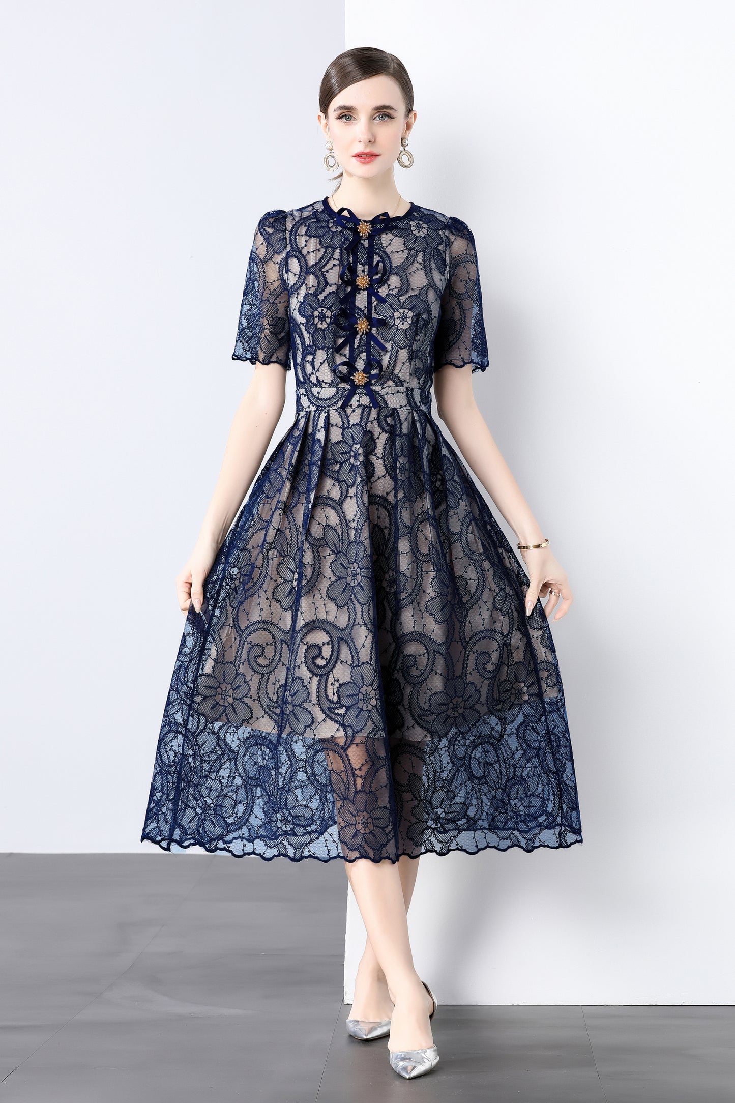 Navy Lace Bow Midi Dress – Classy Feminine Occasion Dress