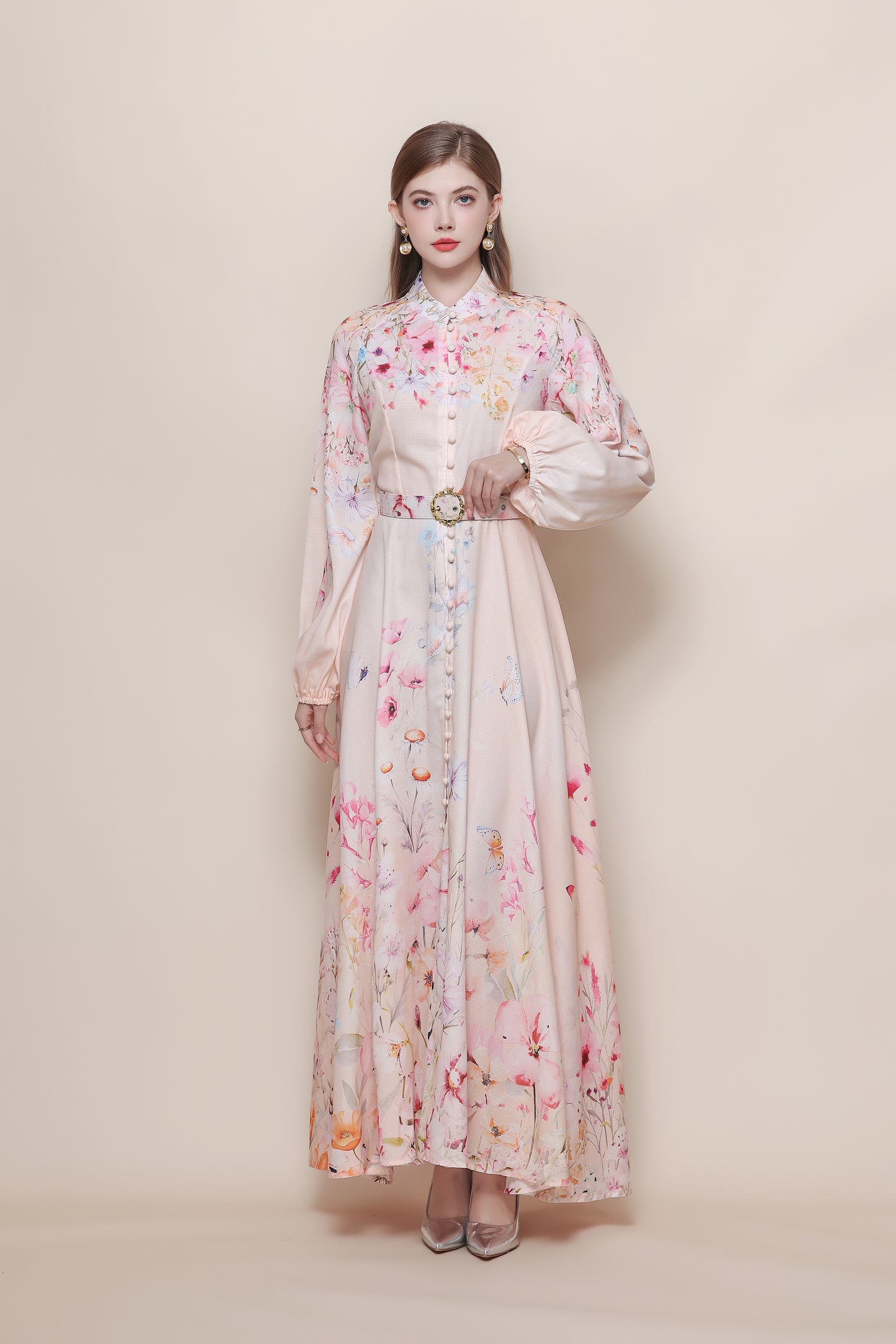 26-Women's Floral Print Puff Sleeve Button Maxi Dress - LAI MENG FIVE CATS