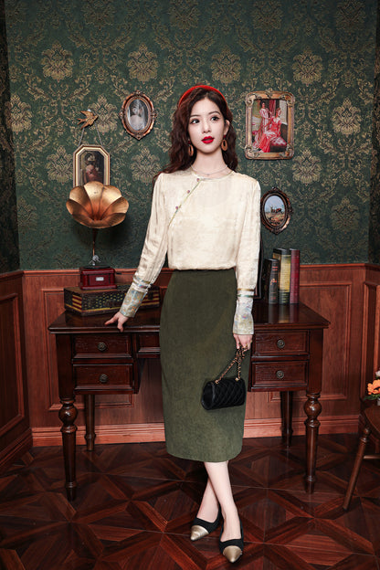 Women's Round Neck Jacquard Embroidery Blouses - LAI MENG FIVE CATS
