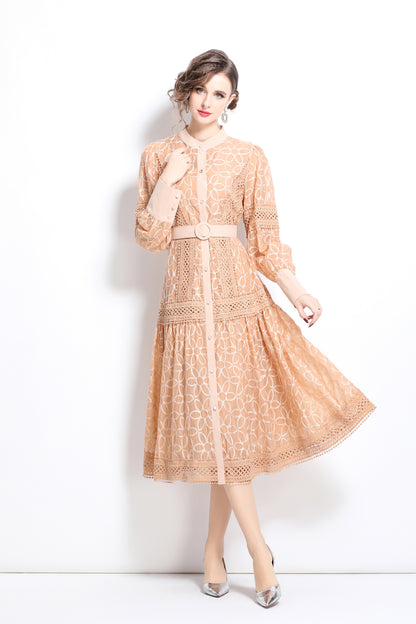 Lantern Sleeves Embroidery Button Midi Dress