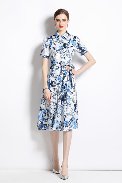 FSY-Women's Short Sleeve Floral Print Button Midi Dress