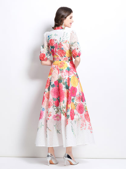 Oil painting flower print A-line dress