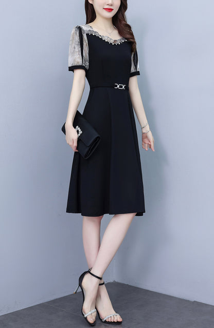 Women's Short Sleeve Pocket A-line Stretch Midi Dress