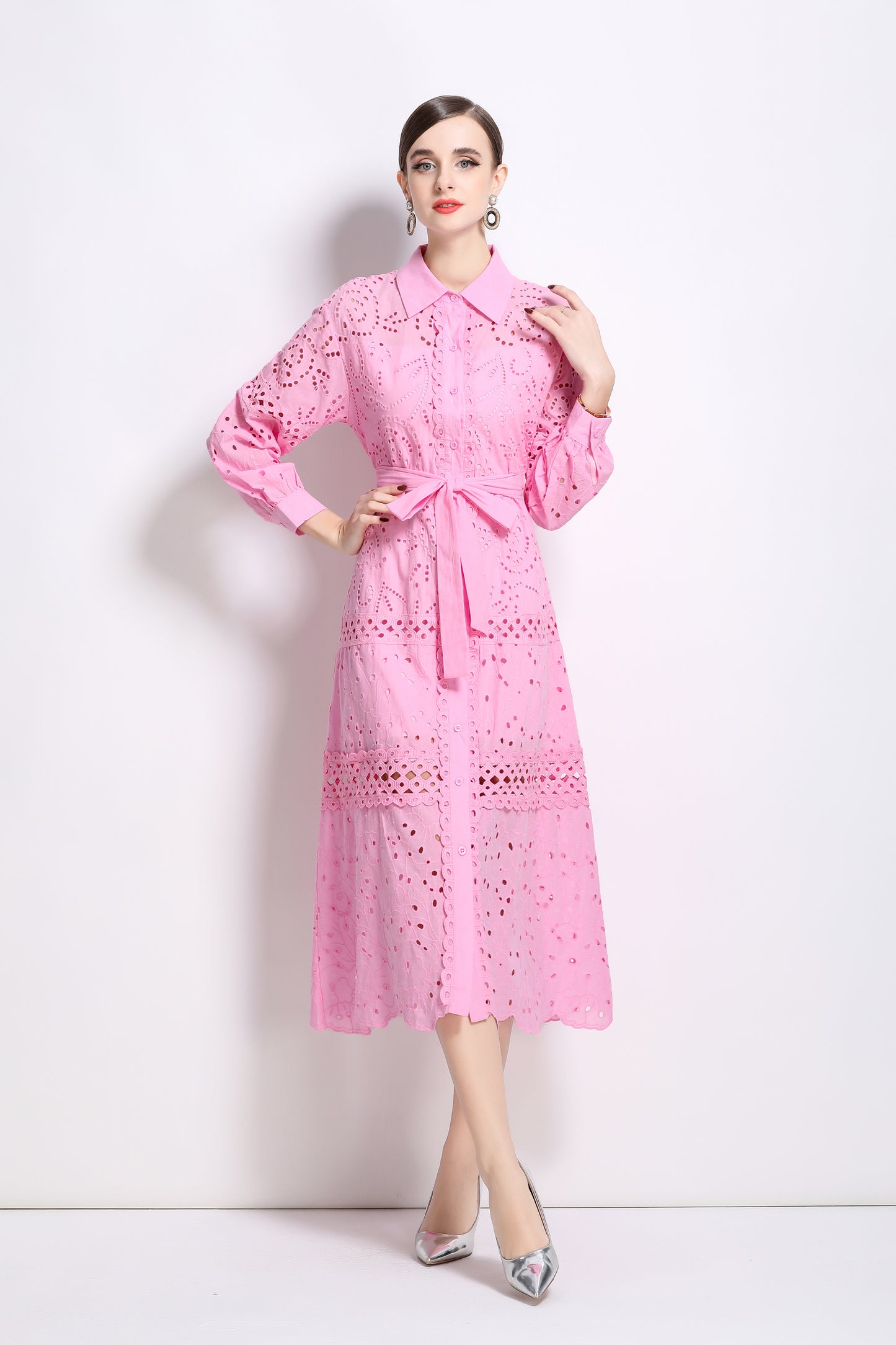 Puff Sleeves Shirt Collar Midi Dress