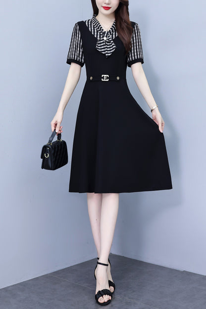 Women's Tie V-Neck Short Sleeve Pocket Midi Dress