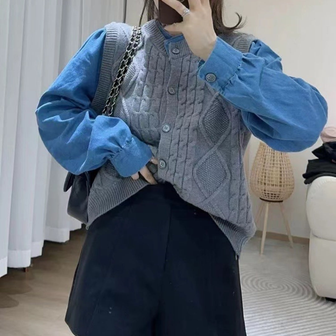 Women's Sweater 2 in 1 Denim Color Block Cable Knit top