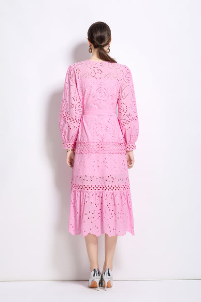 V-Neck Puff Sleeves Hollow Lace Midi Dress