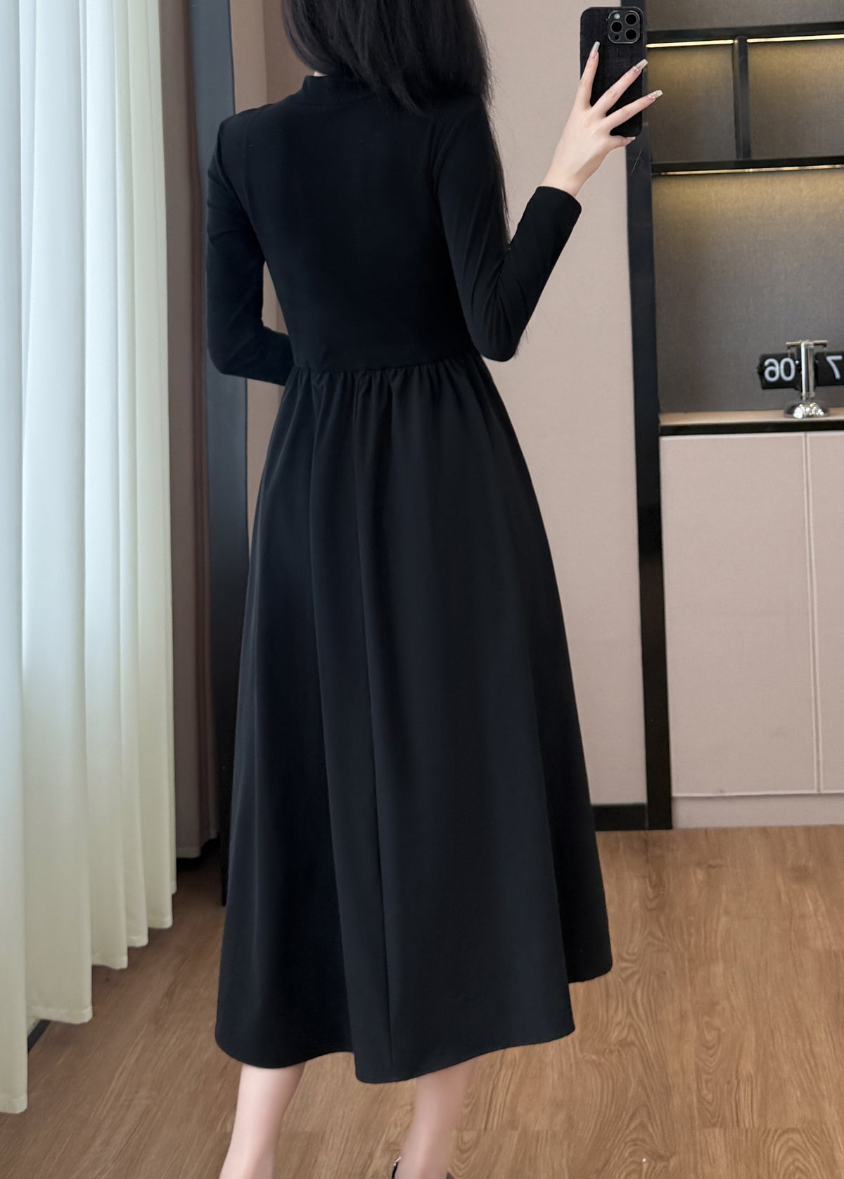 28665-Black Zip-Front Midi Dress – Stretch Knit Layered Look