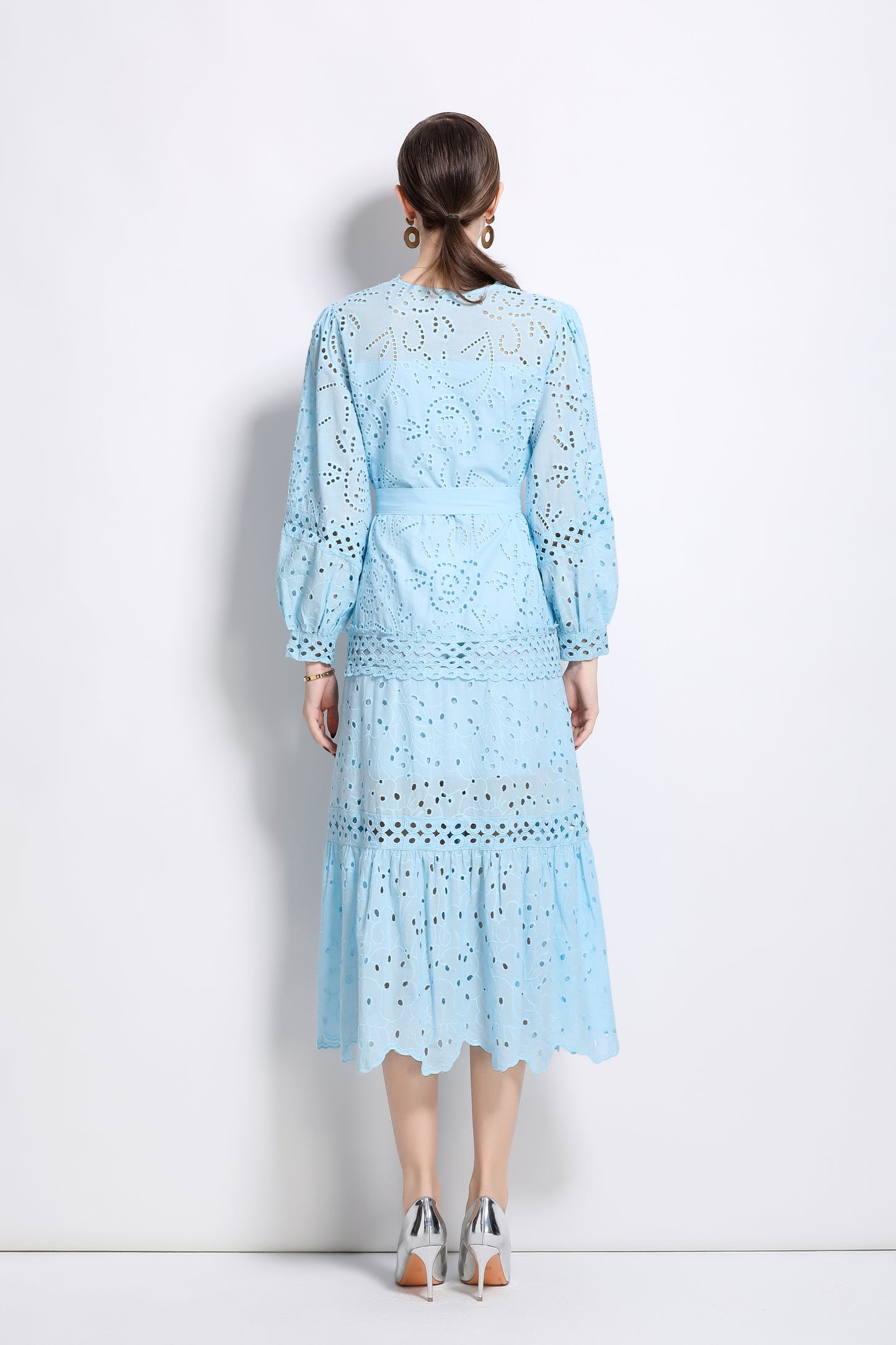 V-Neck Puff Sleeves Hollow Lace Midi Dress