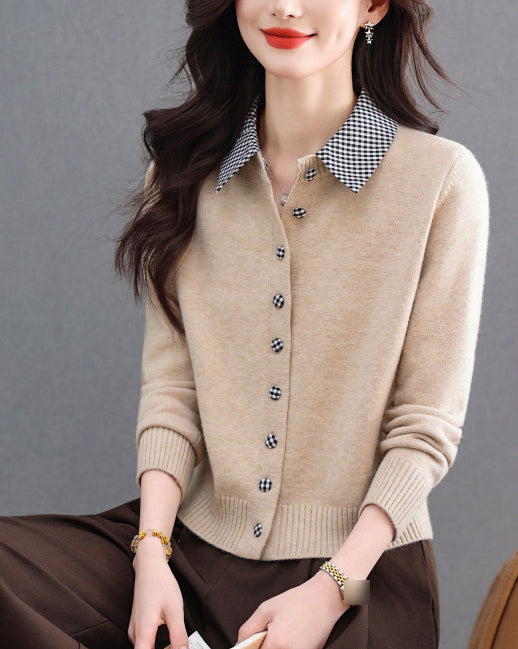 Contrast Gingham Collar Knit Cardigan – Vintage Button Sweater Top