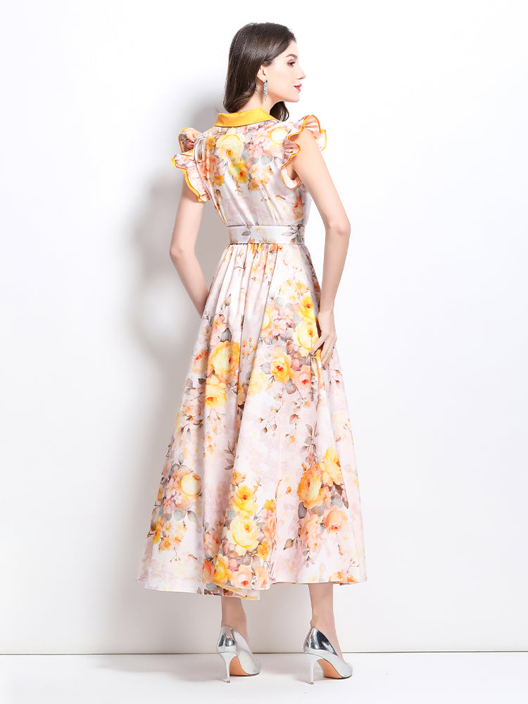 BK-Floral V Neck Sleeveless Ruffles Maxi Dresses