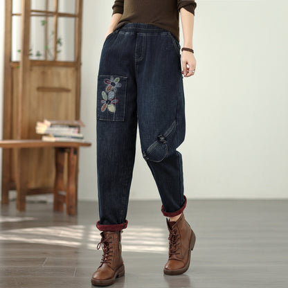 Women's Elastic Waist Embroidery Denim Jeans