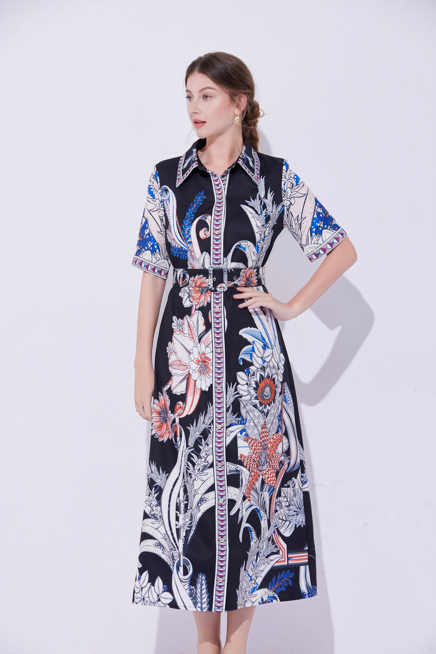 FSY-Women's Short Sleeve Collar Button Floral Midi Dress