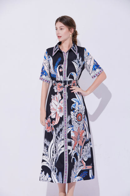 FSY-Women's Short Sleeve Collar Button Floral Midi Dress