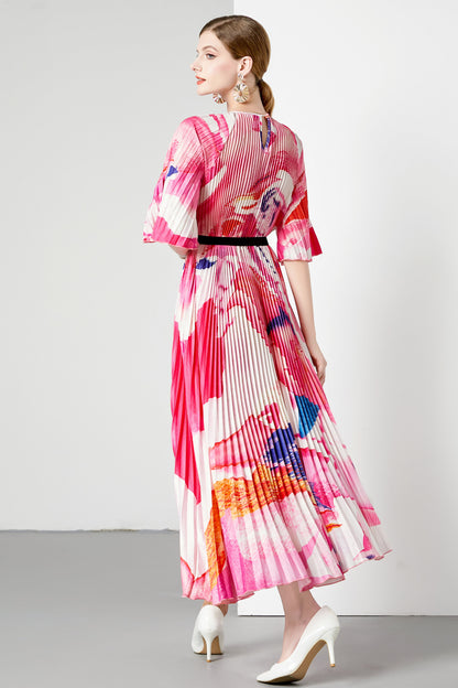 Elegant Pleated Round Neck Pink Print Casual Maxi Dress