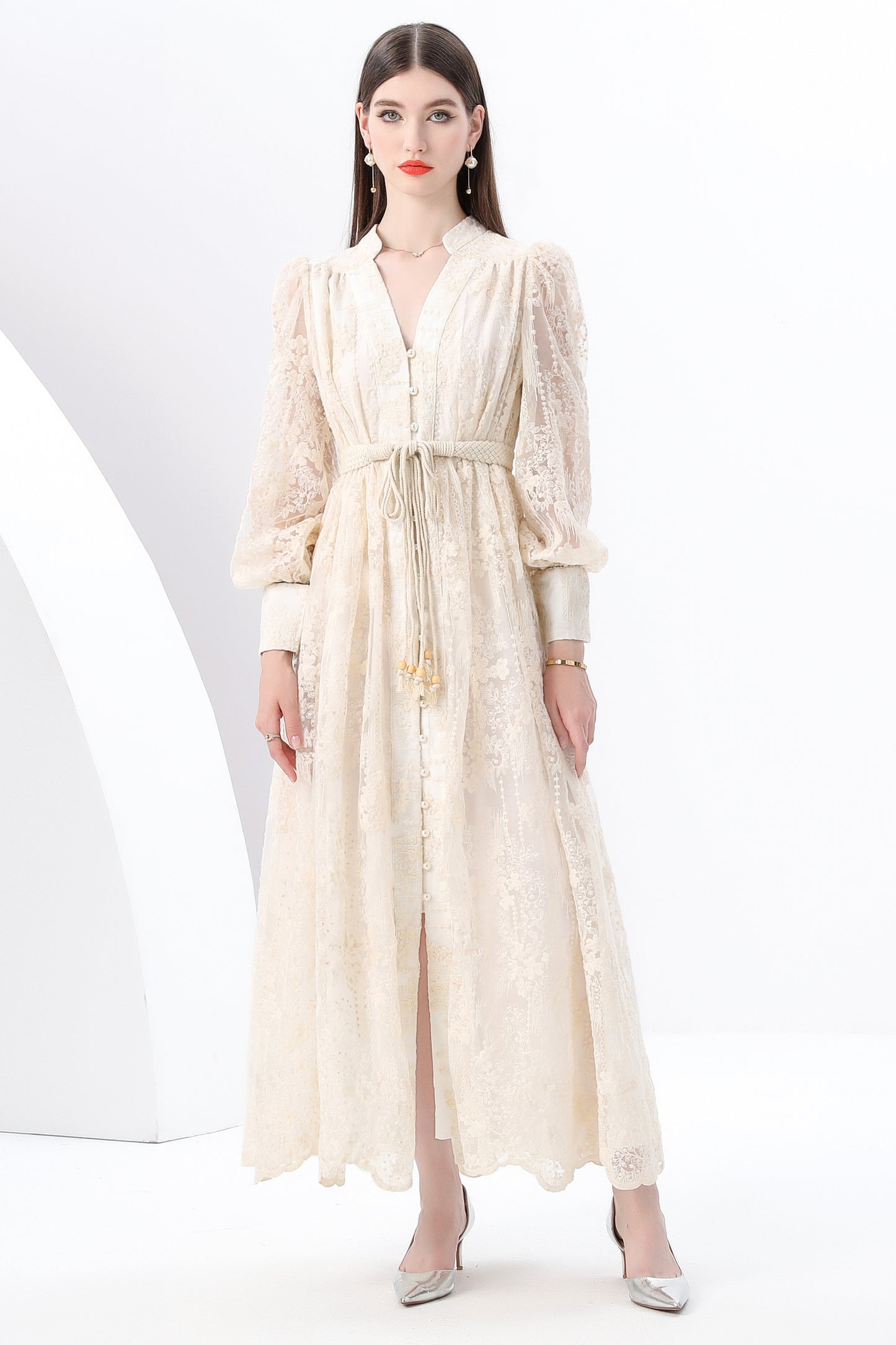 Women's V-Neck Lace Lantern Sleeve Mesh Maxi Dress