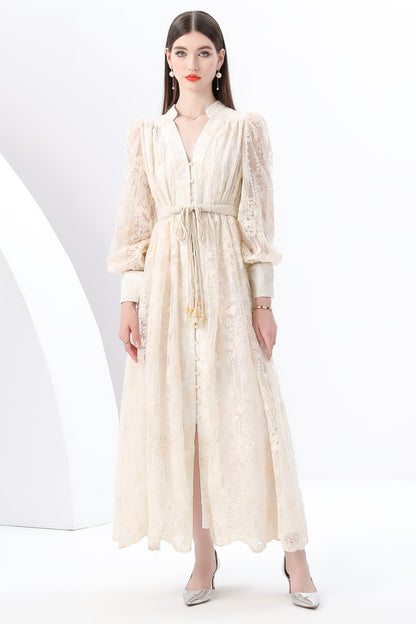 Women's V-Neck Lace Lantern Sleeve Mesh Maxi Dress