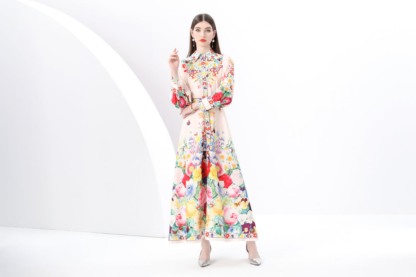 Women's Floral Print  Flowy Button Up Split Maxi Dress