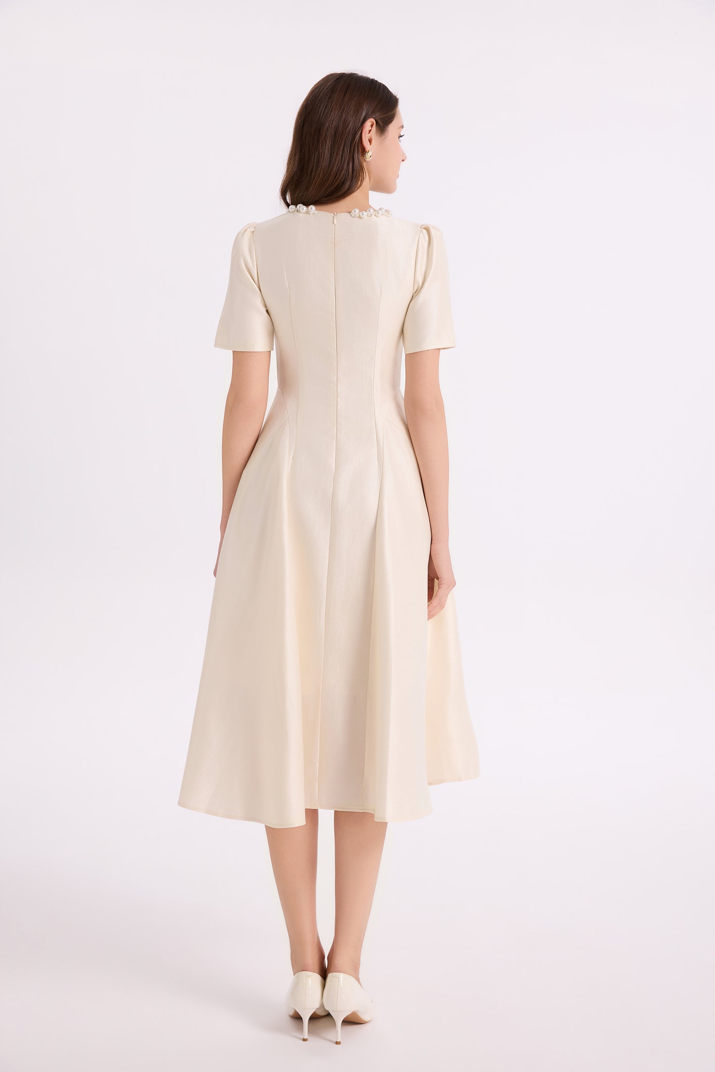 Elegant Pearl-Trim A-Line Midi Dress - LAI MENG FIVE CATS