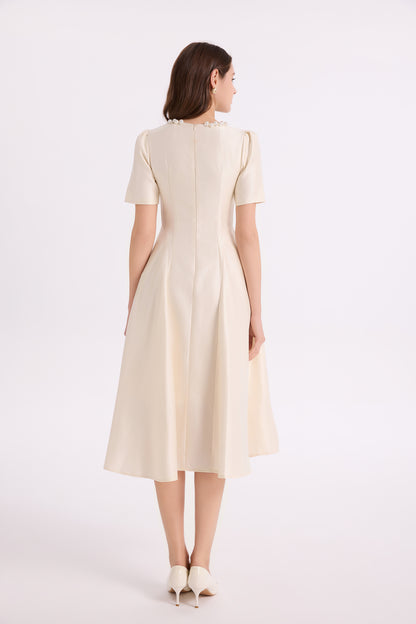 Elegant Pearl-Trim A-Line Midi Dress - LAI MENG FIVE CATS