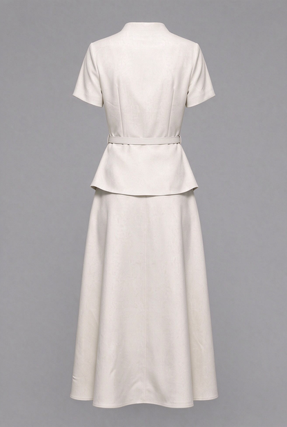 Chic 2-Piece Outfit: EShort-Sleeve Mandarin Collar Jacket & A-Line Skirt