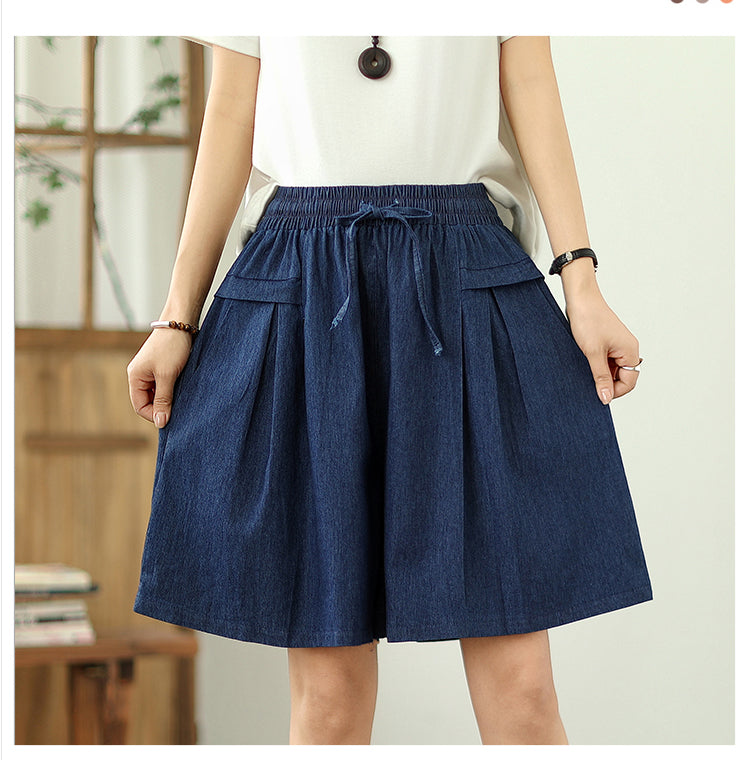 Women's High Waisted Baggy Jean Wide Leg Denim Shorts - LAI MENG FIVE CATS