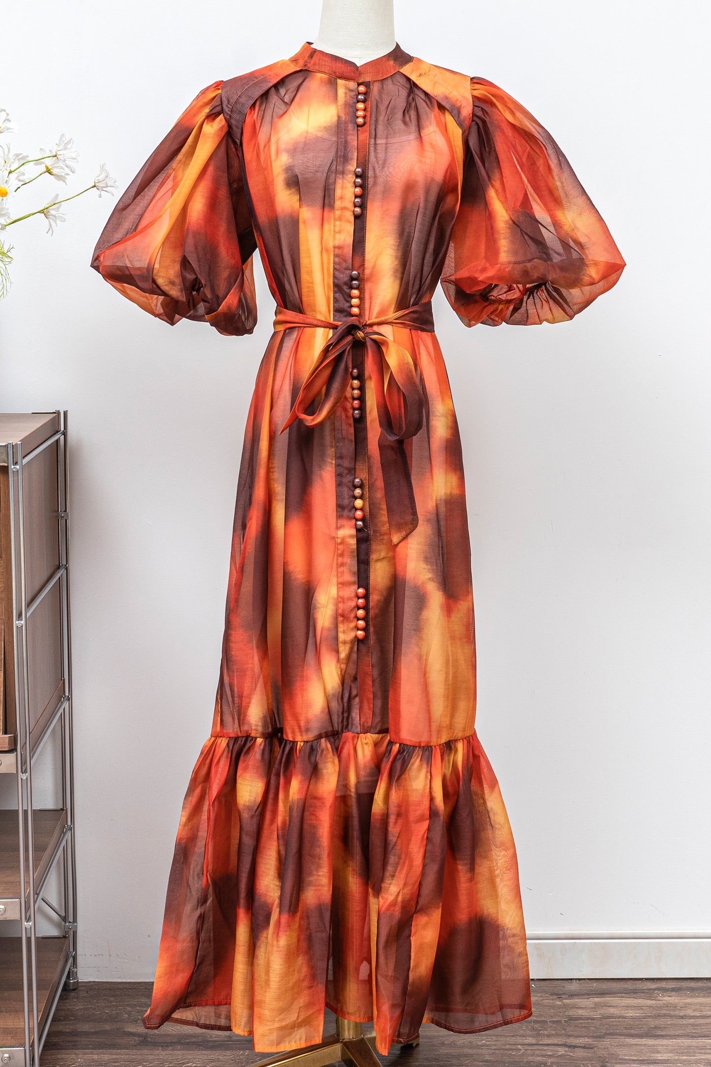 Women's Floral Print Puff Sleeve Fishtail Loose Maxi Dress