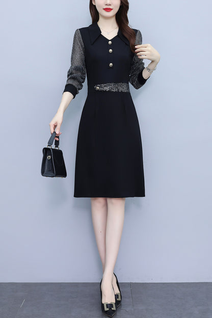 Women's V-Neck Long Sleeve with Pockets Black Dress
