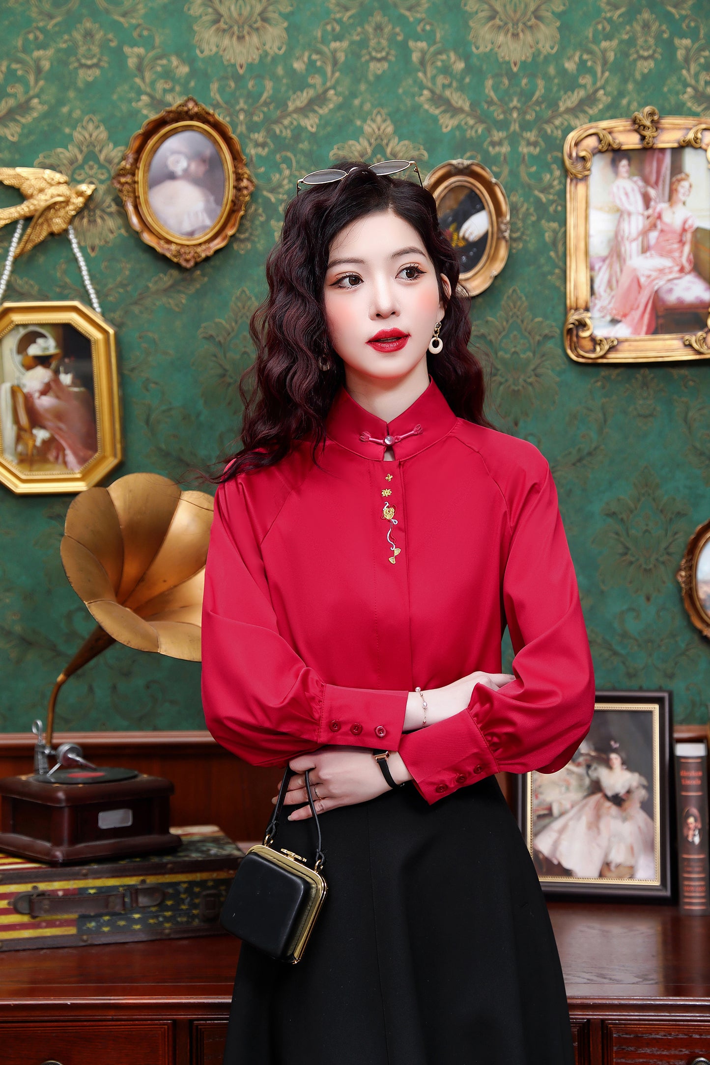 Women's Silk Satin Jacquard Long Sleeve Blouses