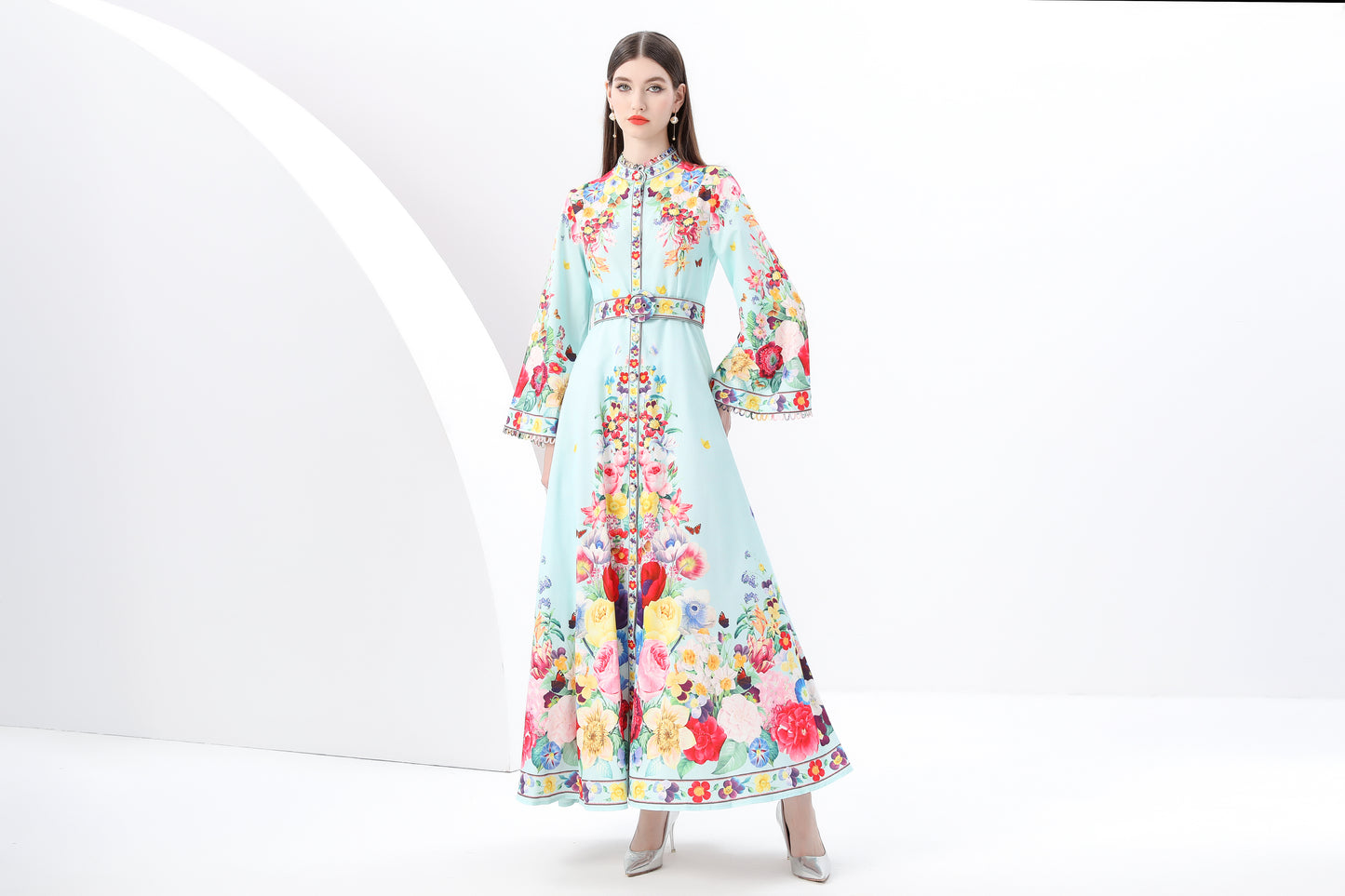 Women's Printed Button Flared Long Sleeves Maxi Dress