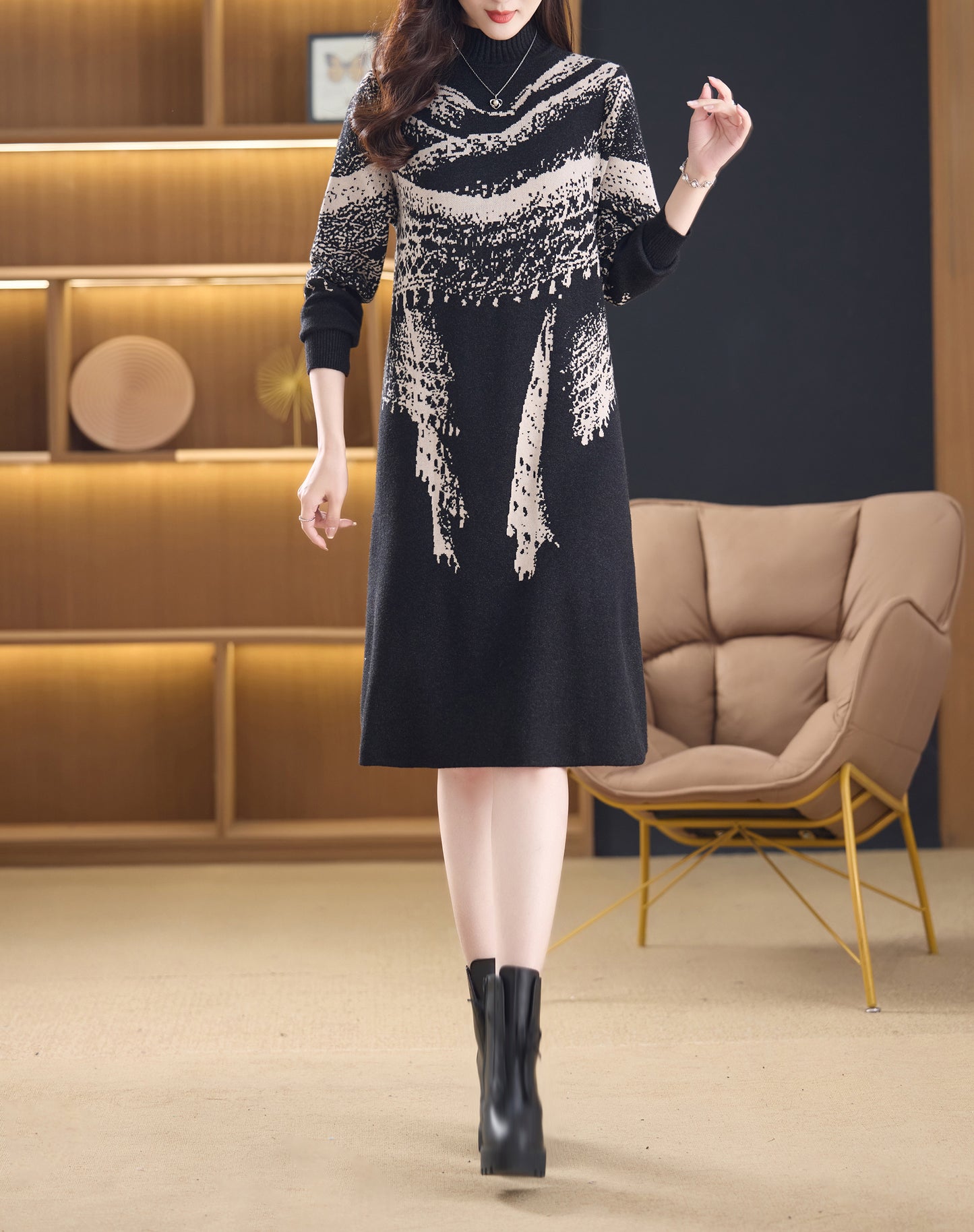 Women's Fall Knit Ribbed Sleeve Sweater Midi Dress