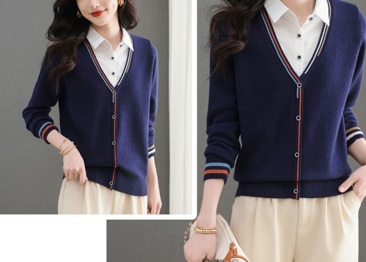 Women's V-Neck Collared Long Sleeve Shirt Striped  Blouse