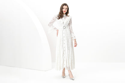 Women's Lace Mandarin Bell Sleeve Ruffles Dress