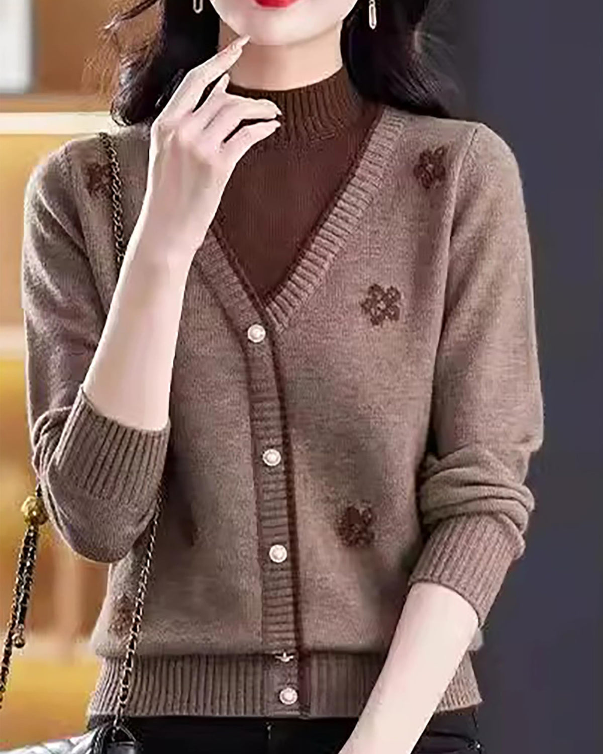Floral Embroidered V-Neck Knit Sweater Pullover Top Fall Layered