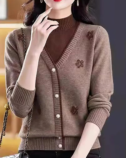Floral Embroidered V-Neck Knit Sweater Pullover Top Fall Layered